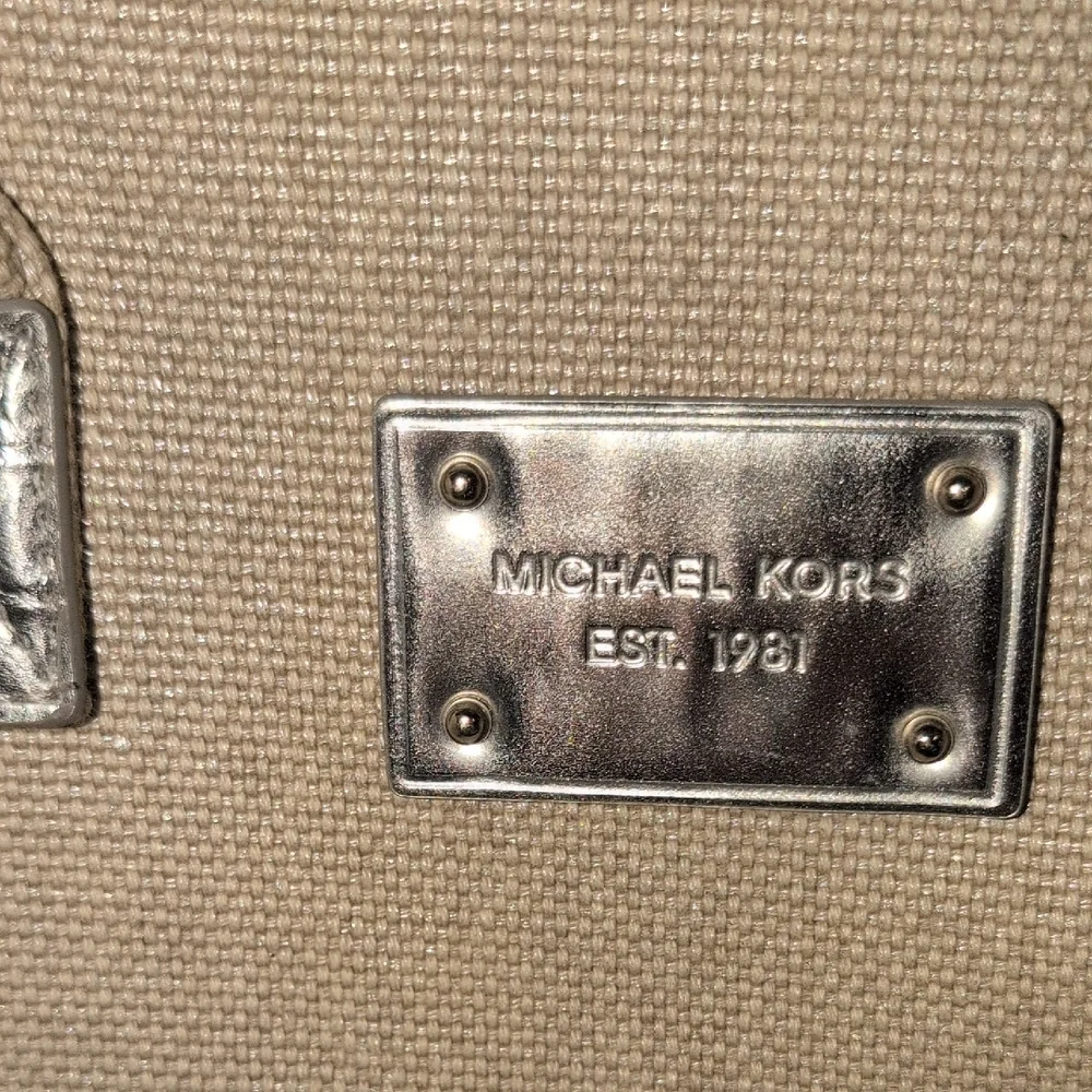 Michael Kors Tan Canvas Satchel with Silver Leather Trim And Details